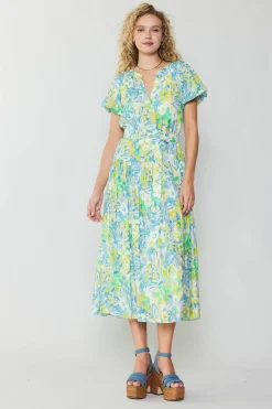Fashion Abstract Floral Printed Midi Dress Women Midi Dresses