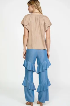 Hot Abstract Jacquard Tieneck Blouse Women Short Sleeve Tops