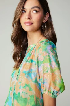 Sale Abstract Split Neck Blouse Women Short Sleeve Tops