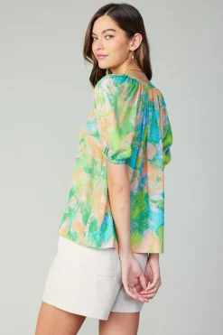 Sale Abstract Split Neck Blouse Women Short Sleeve Tops