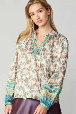 Outlet Autumnal Border Print Blouse Women Long Sleeve Tops