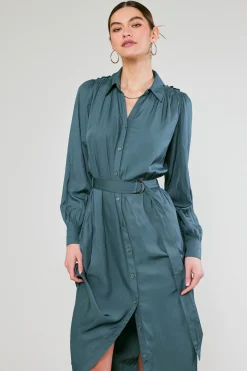 Fashion Belted Buttondown Shirt Dress Women Midi Dresses