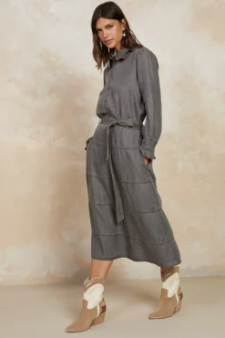 Clearance Belted Chambray Midi Skirt Women Skirts