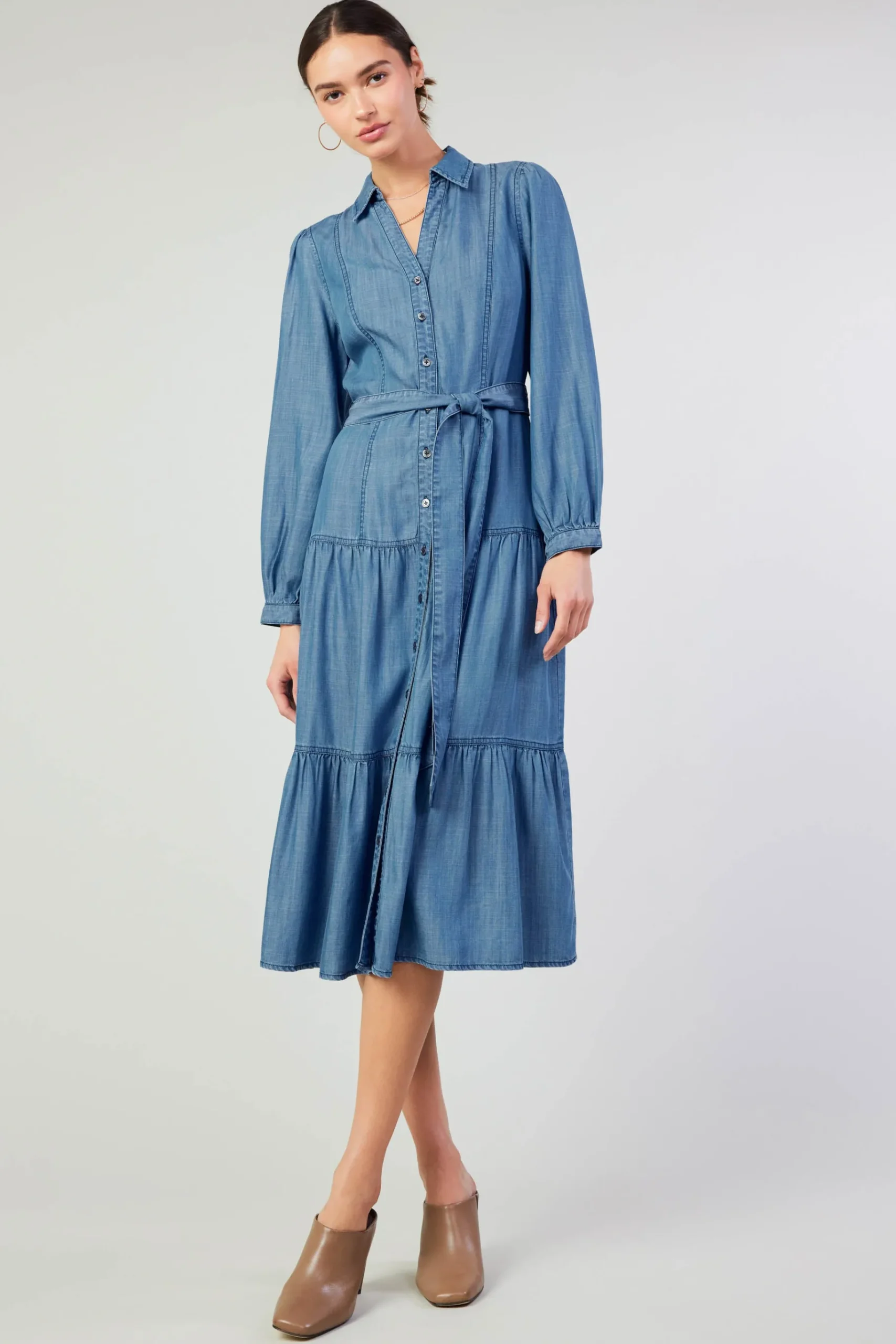 Clearance Belted Collar Shirt Dress Women Midi Dresses