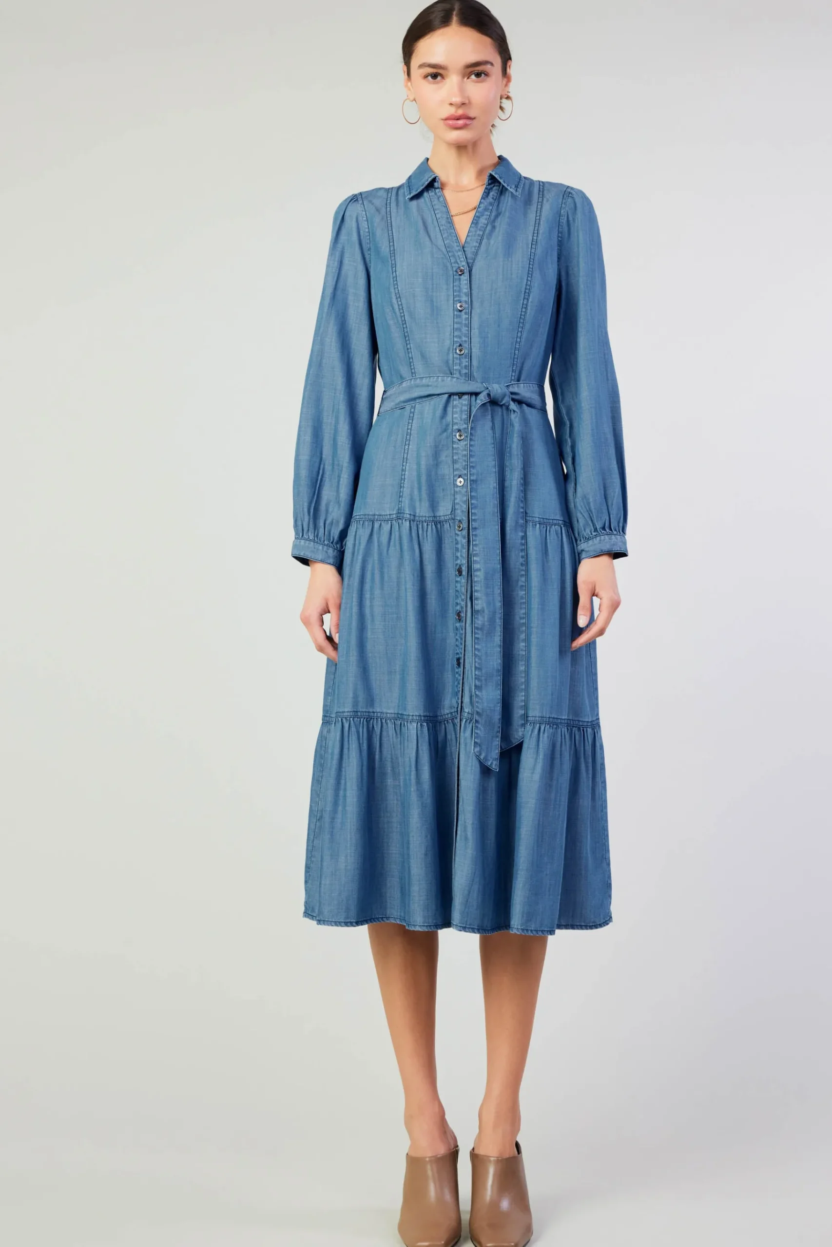 Clearance Belted Collar Shirt Dress Women Midi Dresses