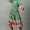 Fashion Border Multi Print Midi Dress Women Midi Dresses