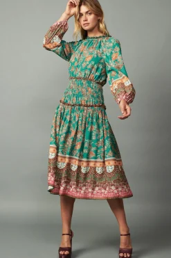 Fashion Border Multi Print Midi Dress Women Midi Dresses