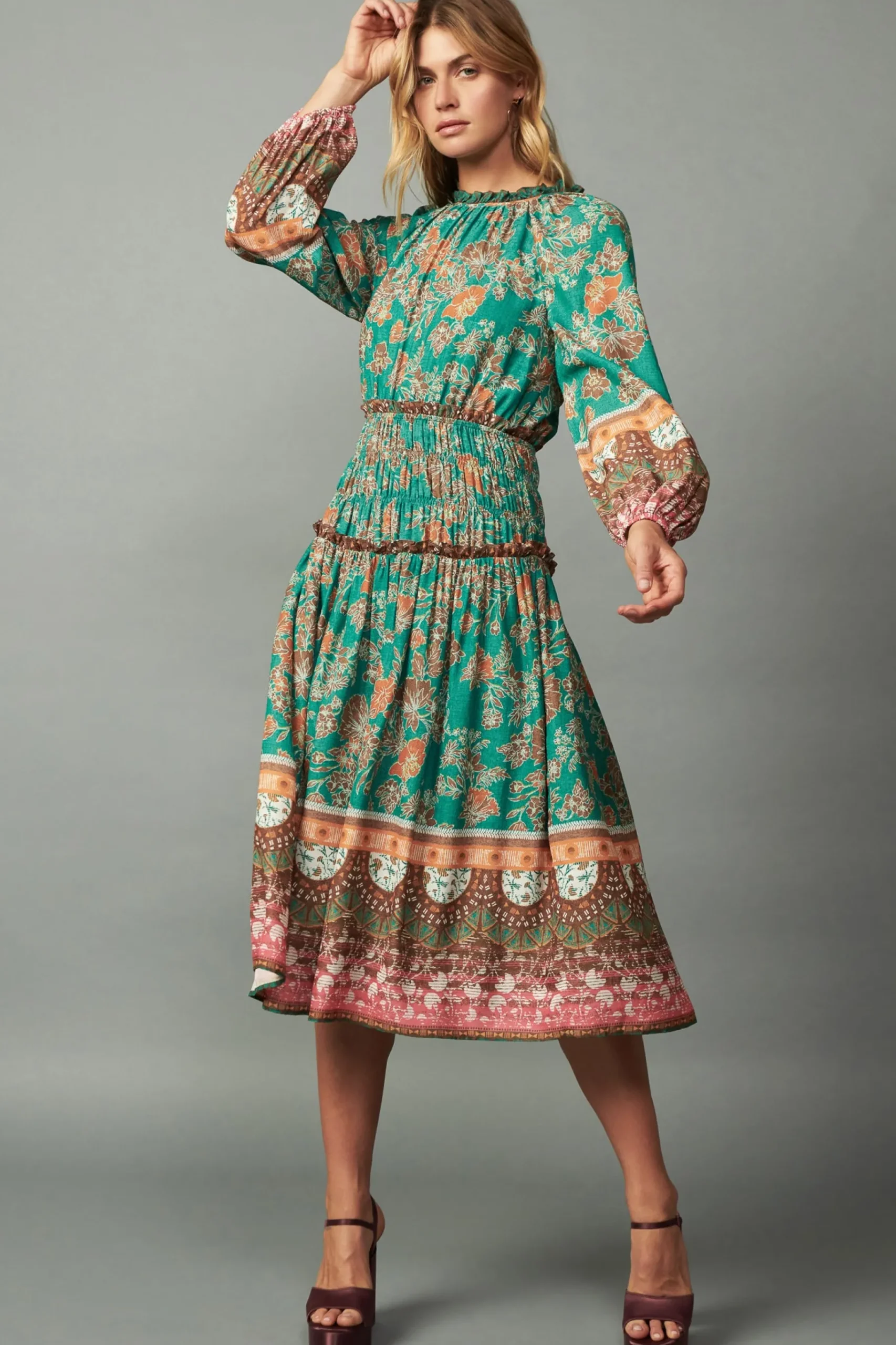 Fashion Border Multi Print Midi Dress Women Midi Dresses