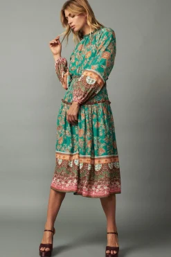 Fashion Border Multi Print Midi Dress Women Midi Dresses