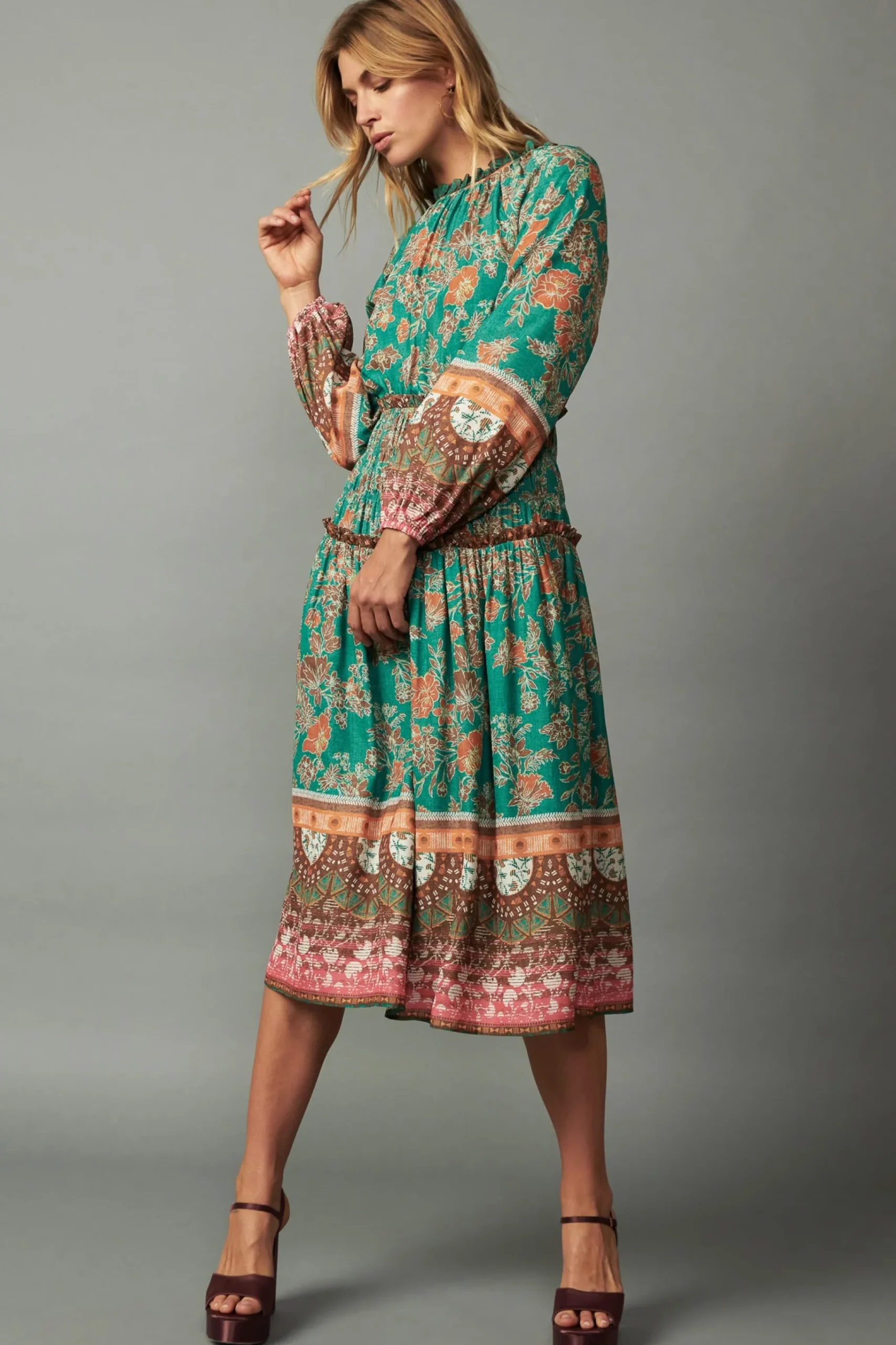 Fashion Border Multi Print Midi Dress Women Midi Dresses