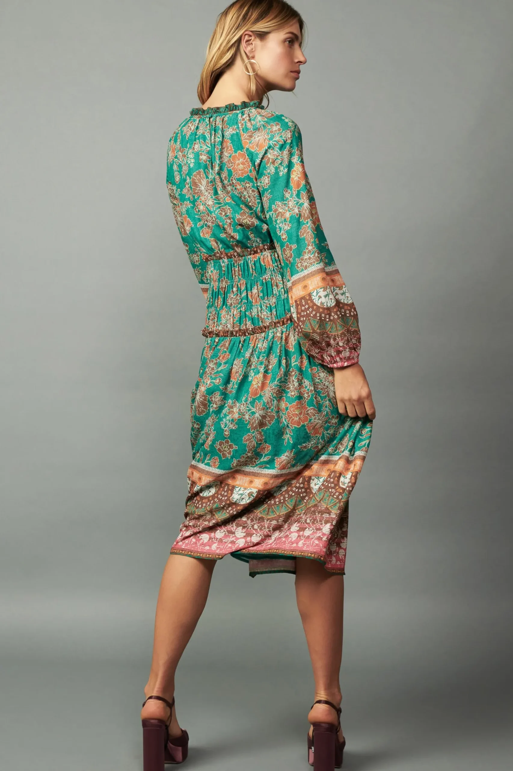 Fashion Border Multi Print Midi Dress Women Midi Dresses