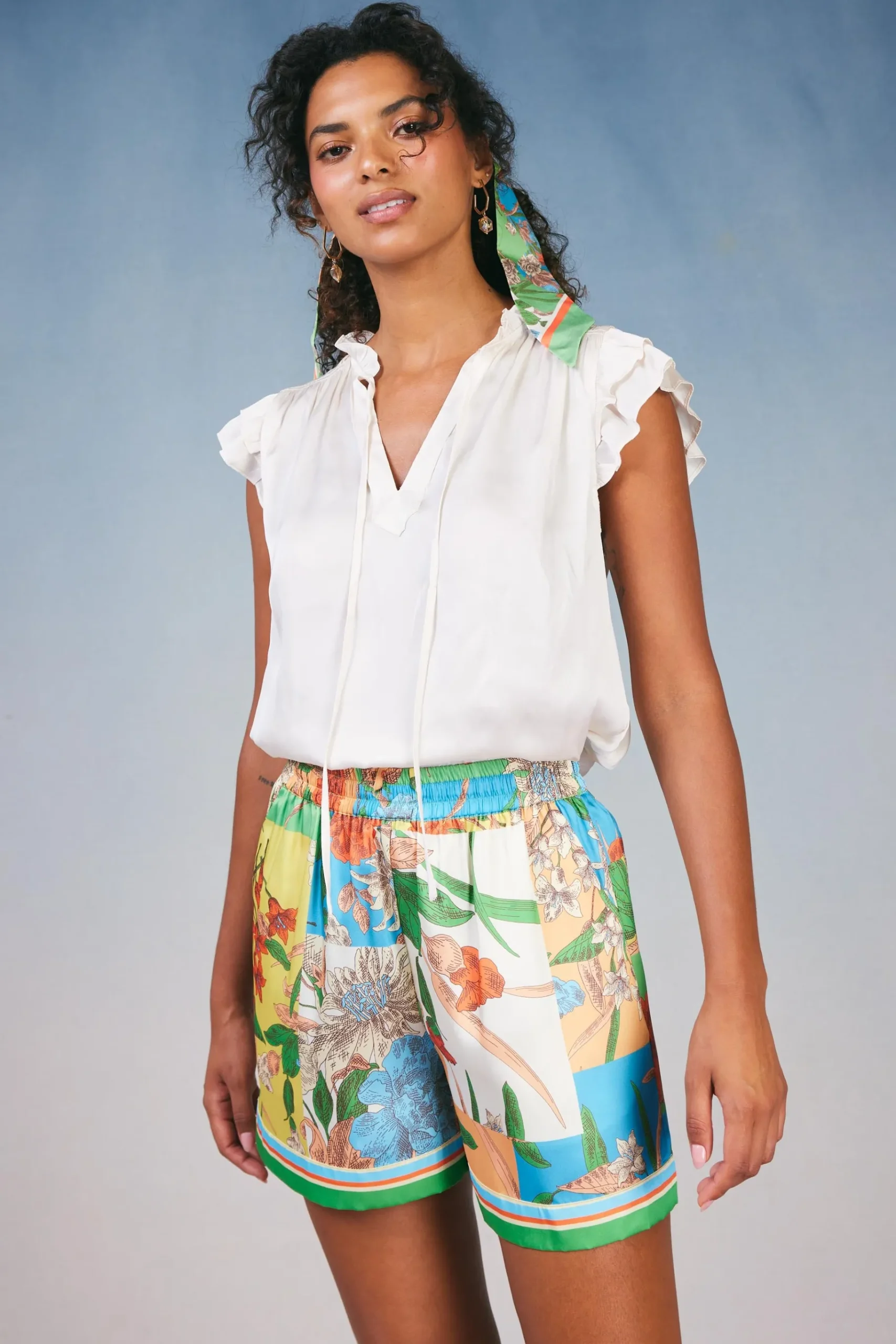Fashion Border Print Floral Block Shorts Women Shorts