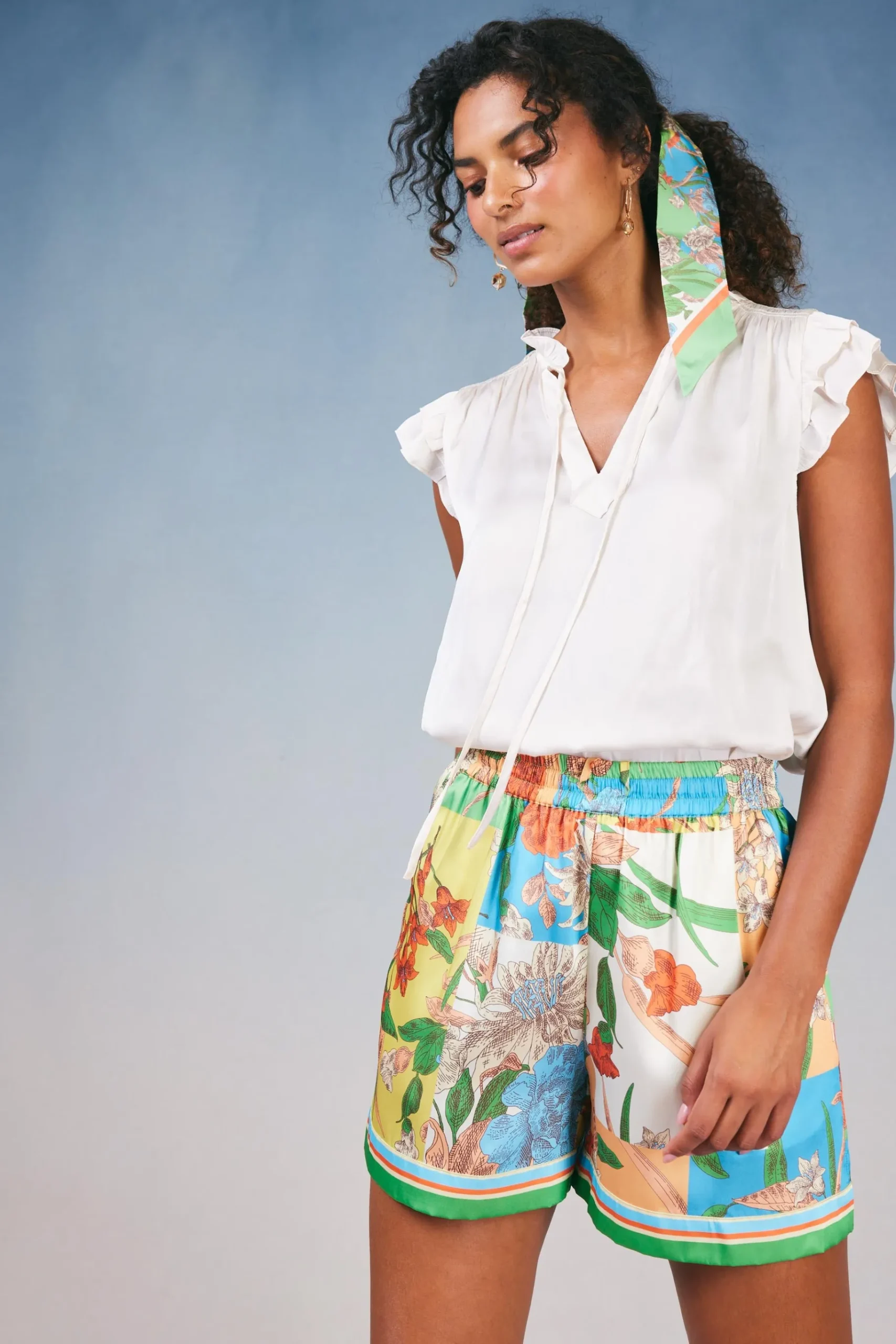 Fashion Border Print Floral Block Shorts Women Shorts