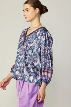 Hot Border Print Paisley Top Women Long Sleeve Tops