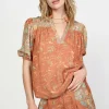 Hot Border Print Retro Floral Blouse Women Short Sleeve Tops