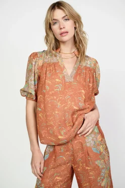 Hot Border Print Retro Floral Blouse Women Short Sleeve Tops