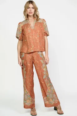 Hot Border Print Retro Floral Blouse Women Short Sleeve Tops