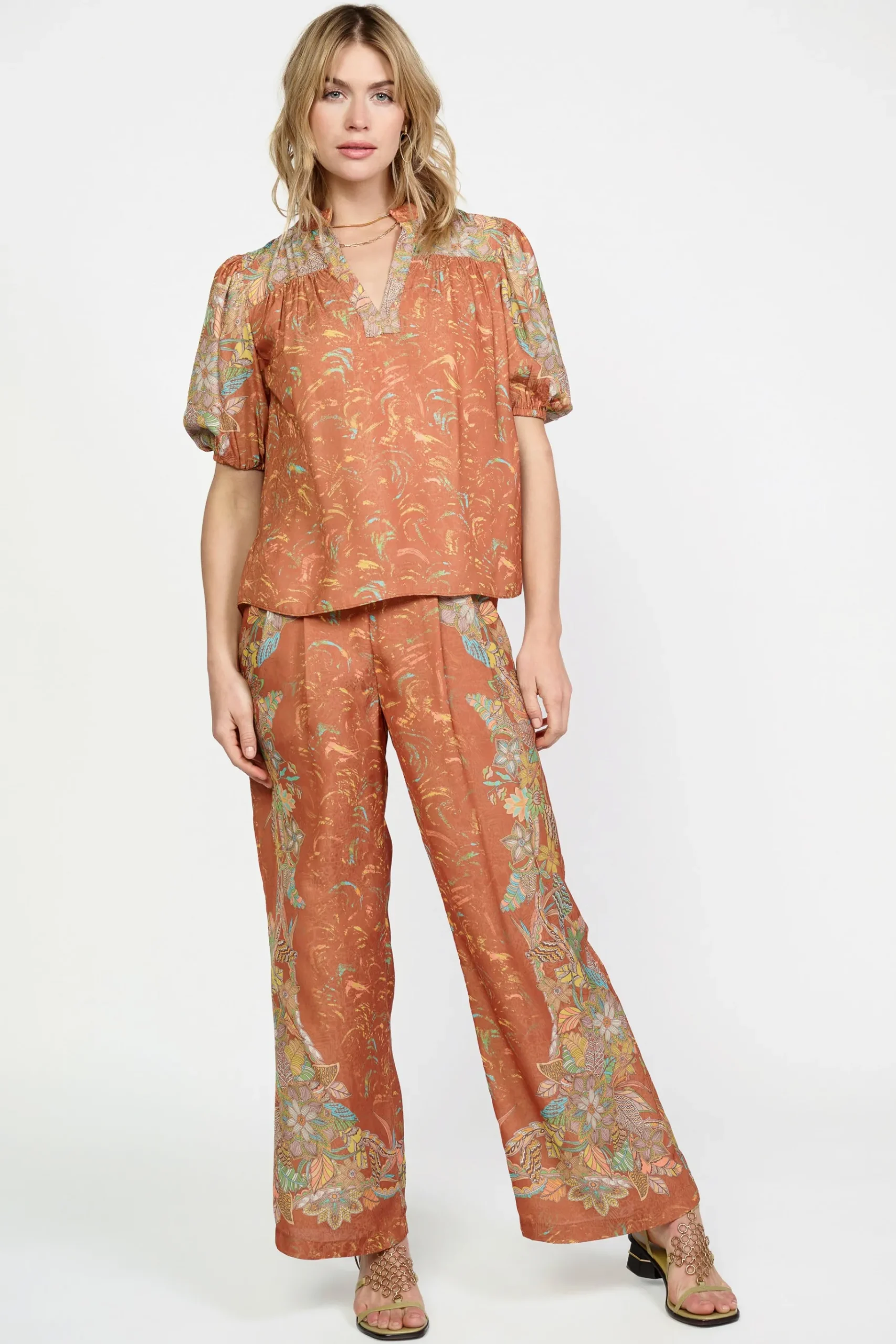 Hot Border Print Retro Floral Blouse Women Short Sleeve Tops