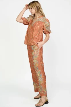 Hot Border Print Retro Floral Blouse Women Short Sleeve Tops