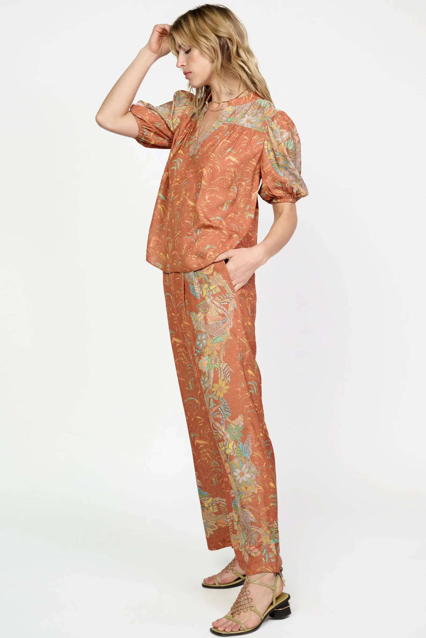 Hot Border Print Retro Floral Blouse Women Short Sleeve Tops