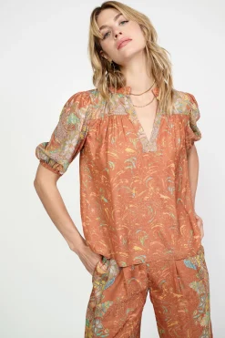 Hot Border Print Retro Floral Blouse Women Short Sleeve Tops