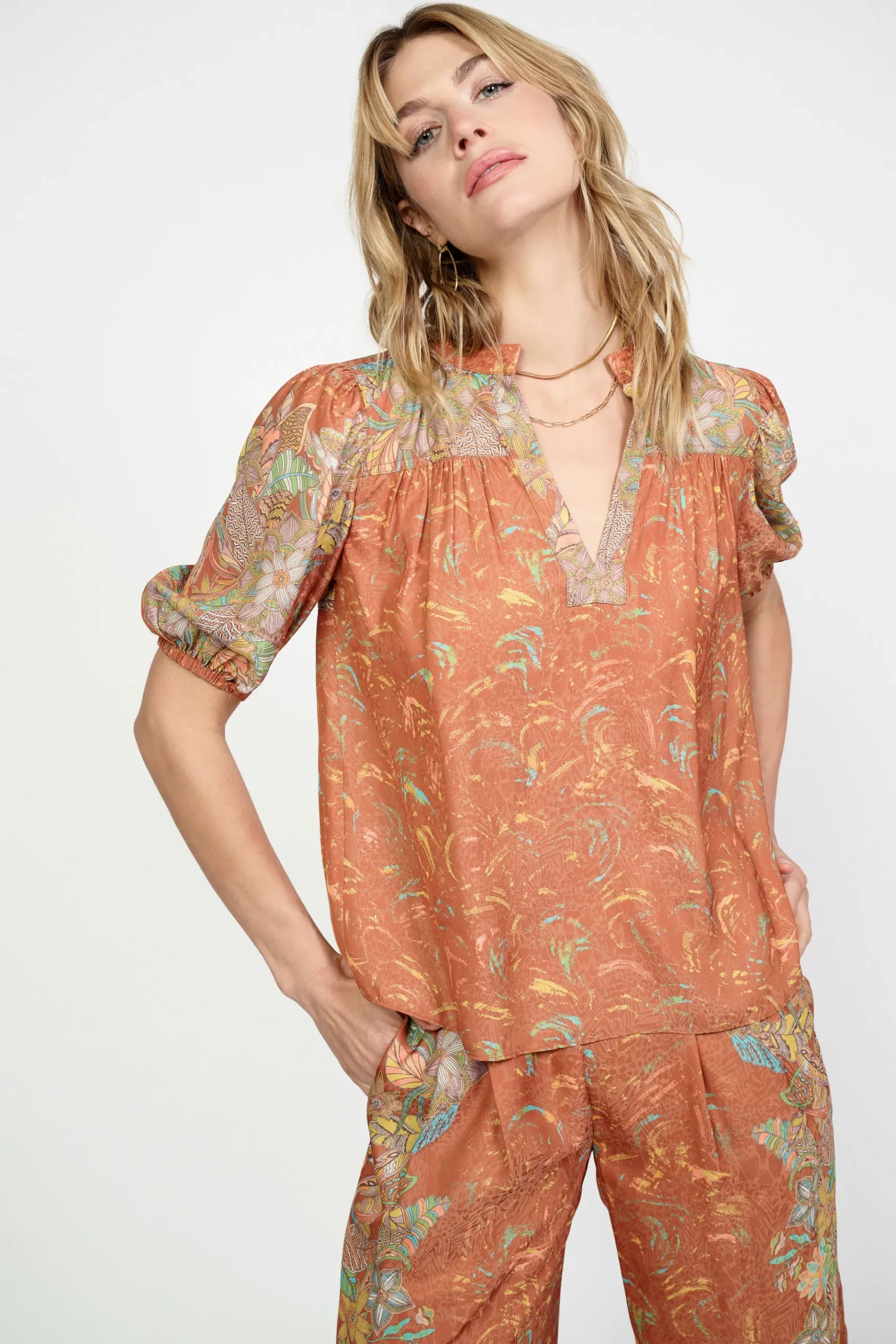 Hot Border Print Retro Floral Blouse Women Short Sleeve Tops