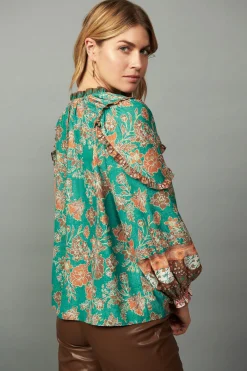 Online Border Ruffled Floral Blouse Women Long Sleeve Tops