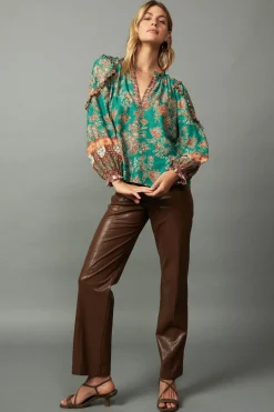 Online Border Ruffled Floral Blouse Women Long Sleeve Tops