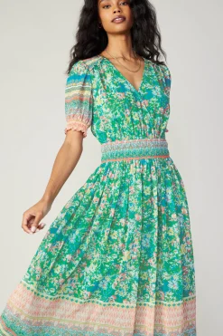 Discount Bordered Floral Print Midi Dress Women Midi Dresses