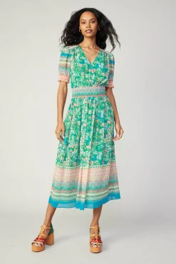 Discount Bordered Floral Print Midi Dress Women Midi Dresses