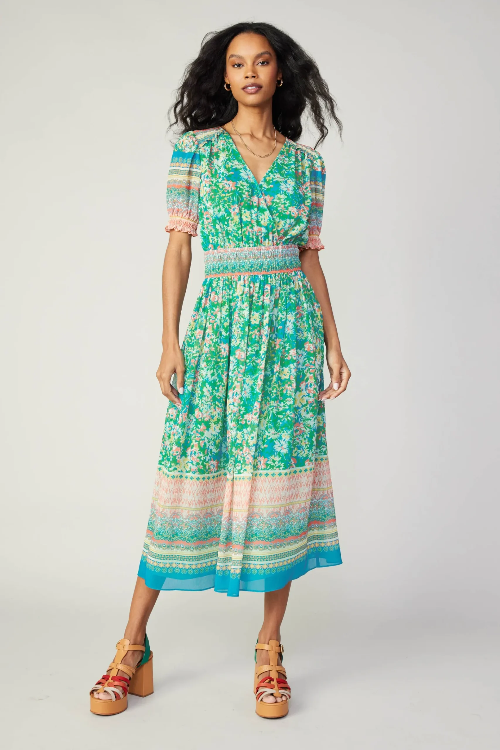 Discount Bordered Floral Print Midi Dress Women Midi Dresses