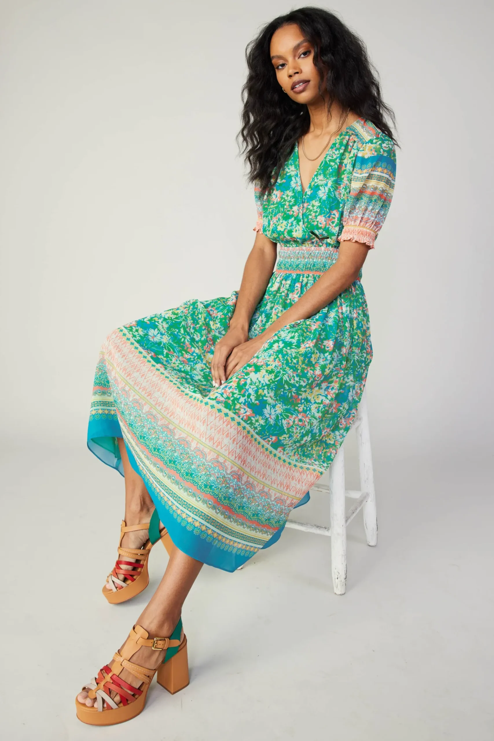 Discount Bordered Floral Print Midi Dress Women Midi Dresses