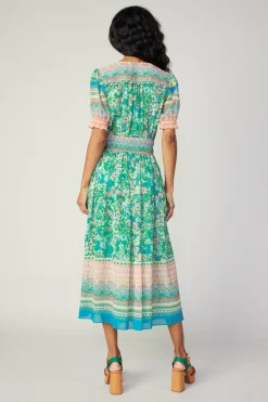 Discount Bordered Floral Print Midi Dress Women Midi Dresses