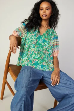 Outlet Bordered Floral Print Top Women Short Sleeve Tops