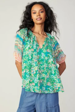 Outlet Bordered Floral Print Top Women Short Sleeve Tops
