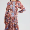 Online Botanical High Neck Dress Women Midi Dresses