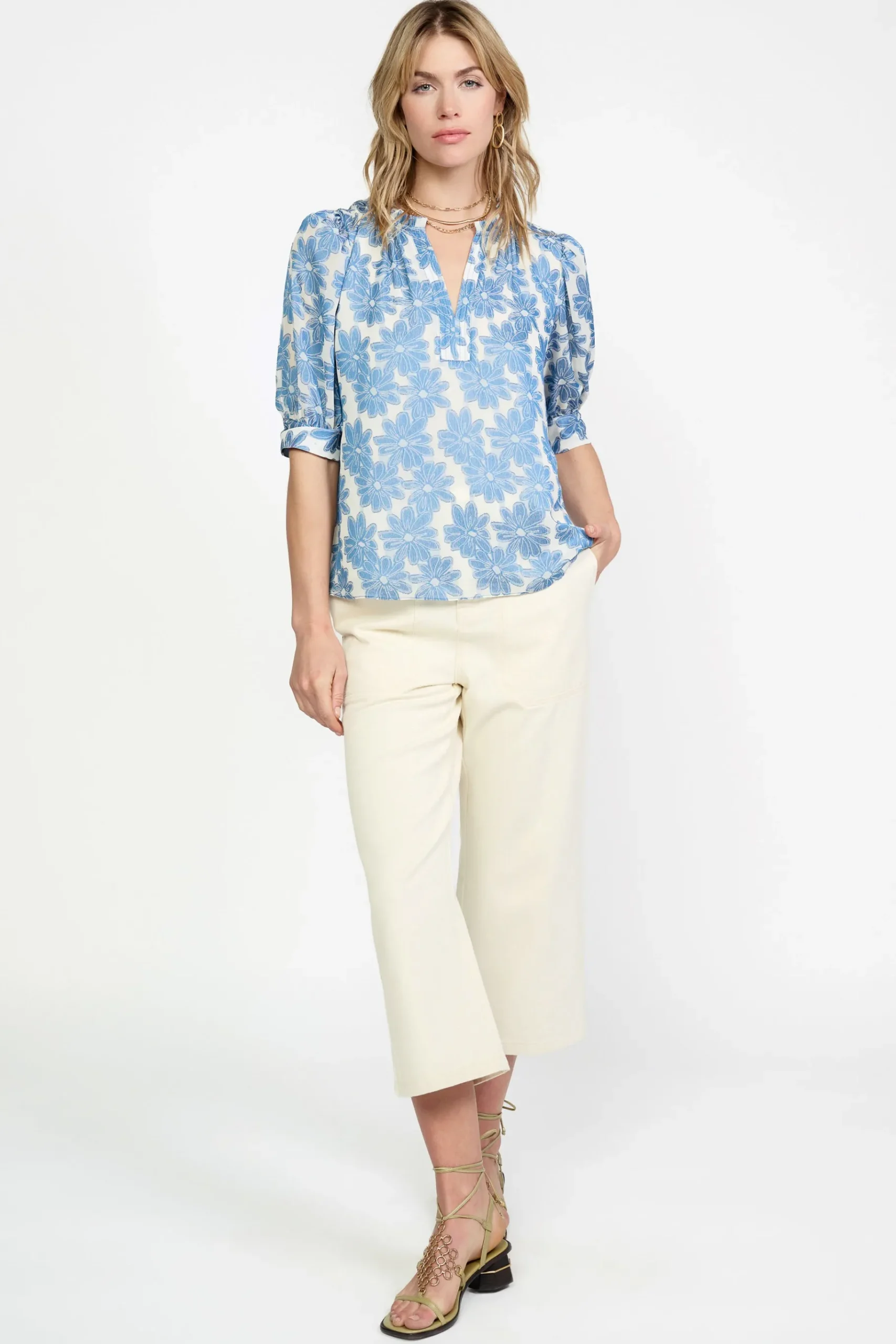 Best Botanical Jacquard Blouse Women Short Sleeve Tops