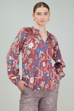 Fashion Botanical Pleated Blouse Women Long Sleeve Tops