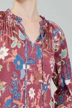 Fashion Botanical Pleated Blouse Women Long Sleeve Tops