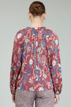 Fashion Botanical Pleated Blouse Women Long Sleeve Tops