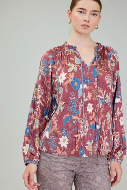 Fashion Botanical Pleated Blouse Women Long Sleeve Tops