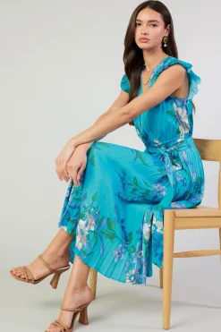 Hot Botanical Pleated Midi Dress Women Short Sleeve Tops | Midi Dresses