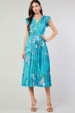 Hot Botanical Pleated Midi Dress Women Short Sleeve Tops | Midi Dresses