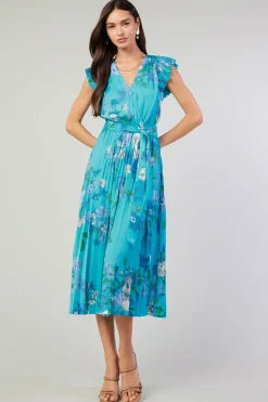 Hot Botanical Pleated Midi Dress Women Short Sleeve Tops | Midi Dresses