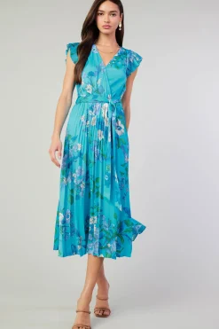 Hot Botanical Pleated Midi Dress Women Short Sleeve Tops | Midi Dresses