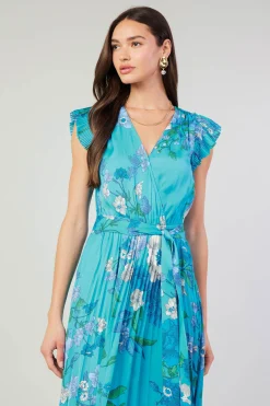 Hot Botanical Pleated Midi Dress Women Short Sleeve Tops | Midi Dresses