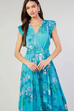 Hot Botanical Pleated Midi Dress Women Short Sleeve Tops | Midi Dresses