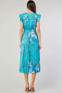 Hot Botanical Pleated Midi Dress Women Short Sleeve Tops | Midi Dresses