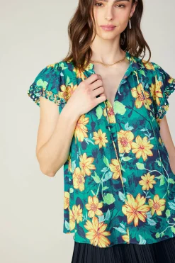 Fashion Botanical Print Eyelet Blouse Women Sleeveless Tops