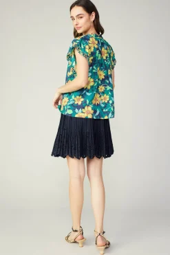 Fashion Botanical Print Eyelet Blouse Women Sleeveless Tops